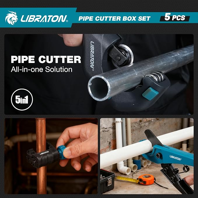 LIBRATON Pipe Cutter Tool 1/8"- 2", Heavy-Duty Copper Tube Cutters, PEX Pipe Cutter, Deburring Tool & Pipe Reamer, 5PCS Tube Cutting Set for Copper, Aluminum, PEX, PVC, with Blow Molded Case