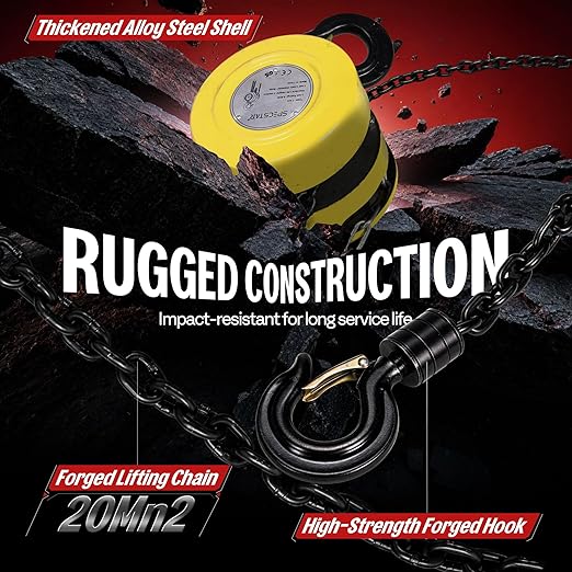 SPECSTAR Hand Chain Hoist 1 Ton 2200 Lbs Capacity 10 Feet with 2 Hooks | Heavy Duty Manual Chain Fall for Warehouse Building Automotive Machinery Yellow