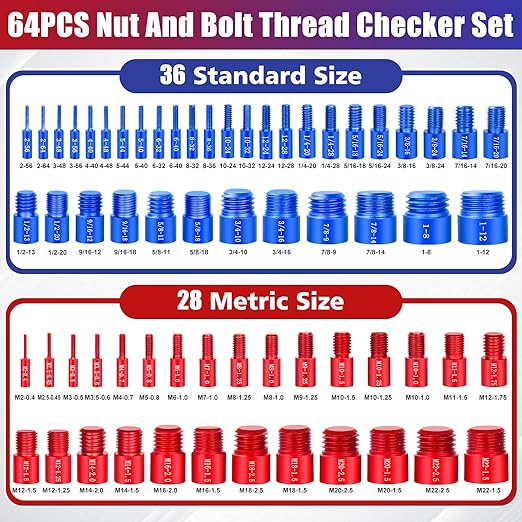 64Pcs Thread Checker, Nut and Bolt Thread Checker, 36 Inch & 28 Metric Box Set Thread Gauge, Thread Checker Standard and Metric Suitable for Size Checker of Bolts or Nuts in Narrow Areas