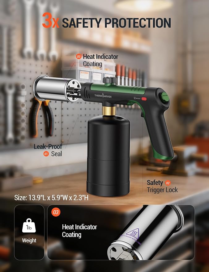 ThermoMaven Propane Torch with One-Touch Max Fire, Blow Torch Gun with Safety Lock, Charcoal Lighter Flame Thrower, Kitchen Food Torch Head for Grill, Sous Vide, BBQ, Evergreen(Tank Not Included)