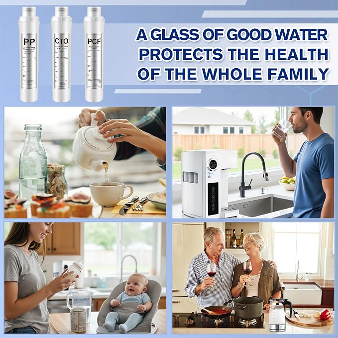 3 Pack Water Filter Replacement Compatible with Bluevua RO100ROPOT, Water Filters Set, 1 PP, 1 CTO, 1 PCF, Improved Drink Quality, Easy to Replace for Household Daily Use Drinking