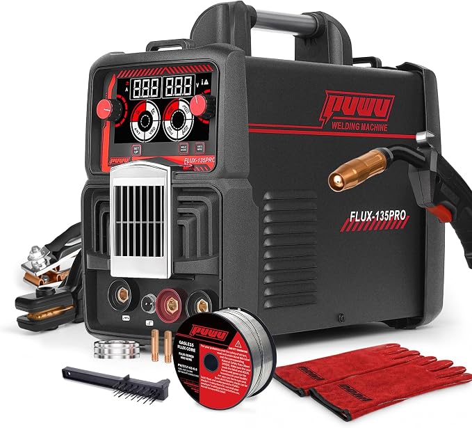 135Amp 110V MIG Welder,Flux Core MIG/Lift TIG/Stick 3-in-1 Multiprocess Welder,IGBT Inverter Large LED Digital Display Welding Machine(BLACK)