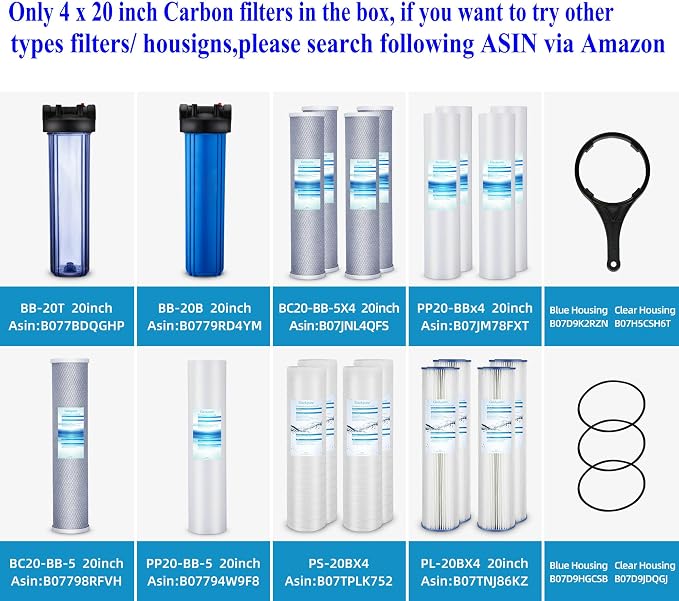 Geekpure Whole House Carbon Block Water Filter Reduce Chlorine Taste Odors- 4.5 Inch x 20 Inch -5 Micron-Pack 4