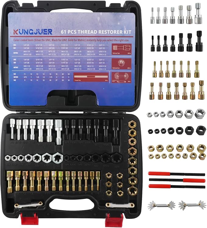 61PCS Master Thread Rethreading Kit,UNC UNF Metric Thread Chaser | Thread Restorer Tool with Thread Pitch Gauge, Designed to Repair or Reshape Damaged Threads on Bolts, Screws, or Nuts