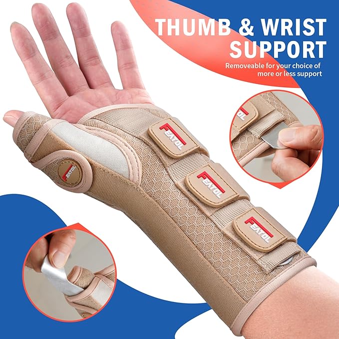 FEATOL Carpal Tunnel Wrist Brace Night Support, Thumb Spica Splint Left Hand for De Quervains Tenosynovitis, Tendonitis, Thumb Brace for Women Men, Beige, Small/Medium
