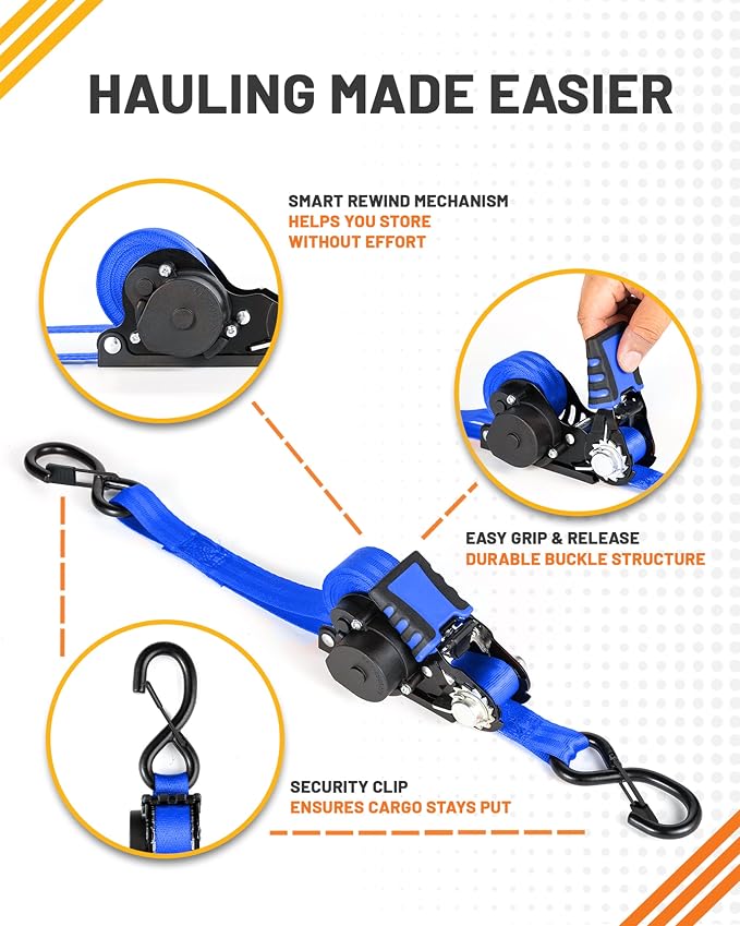 Strapinno Retractable Ratchet Straps - 1 in x 12 ft Heavy Duty Tie Downs, 1800lbs Breaking Strength Each, S Hooks with Safety Clip, AutoRetract, for Moving, Motorcycle, Boat, Kayak, and Cargo (2PCS)