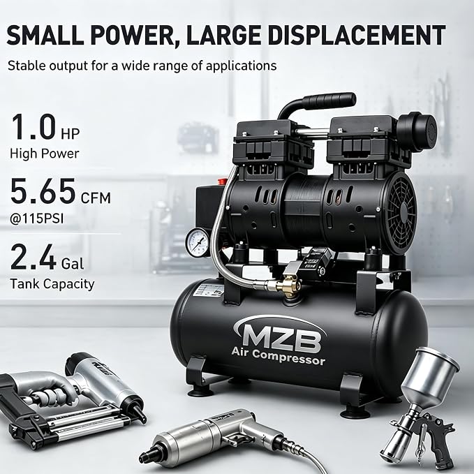 MZB 2.4 Gallon Ultra Quiet Air Compressor 1.0HP 110V/60Hz 5.65CFM, MAX 115PSI Steel Tanks Oil-Free 65dB Noise Level Air Compressor for Spray Painting, Auto Repair, Carpentry Decoration