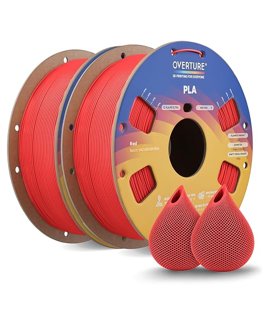 OVERTURE 2KG Bundle High Speed PLA Filament 1.75mm, Neatly Wound 3D Printer Filament 2 Pack 1kg Spool (2.2lbs) Rapid PLA, Fit Most FDM 3D Printers (Red 2-Pack)
