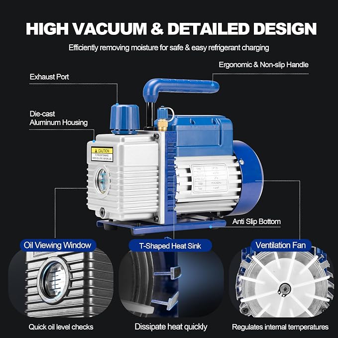 4CFM 1/3 HP Single Stage Rotary Vane AC Air Conditioning Vacuum Pump Kit with Manifold Gauge Set Hoses and Leak Dectactor for HVAC Automotive and Household Refrigeration Systems