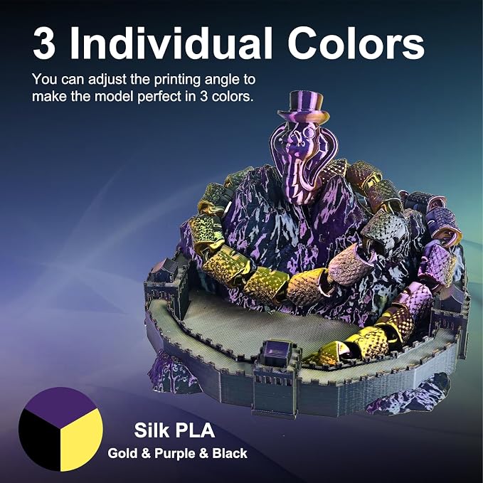 ERYONE Silk Tri Color PLA Filament 3D Printer 1.75mm +/- 0.03mm, Multicolor Filament Tricolor PLA 1KG(2.2lbs) Cardboard Spool, Gold Purple Black