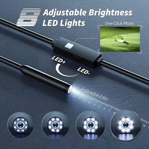 Endoscope Camera with Light,1920P HD Borescope Tools with 8 Adjustable LED Lights, Endoscope with Semi-Rigid Snake Camera, IP67 Waterproof Inspection Borescope for iOS and Android-32.8ft Single Lens