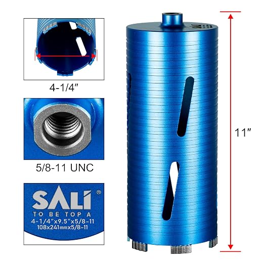 SALI Diamond Core Drill Bits 4 1/4" Diameter 10"/254mm Drilling Depth 5/8-11" Thread Core Bit Turbo Laser-Welded Segments for Cured Concrete with Brick, Block, Masonry with Two Adapters