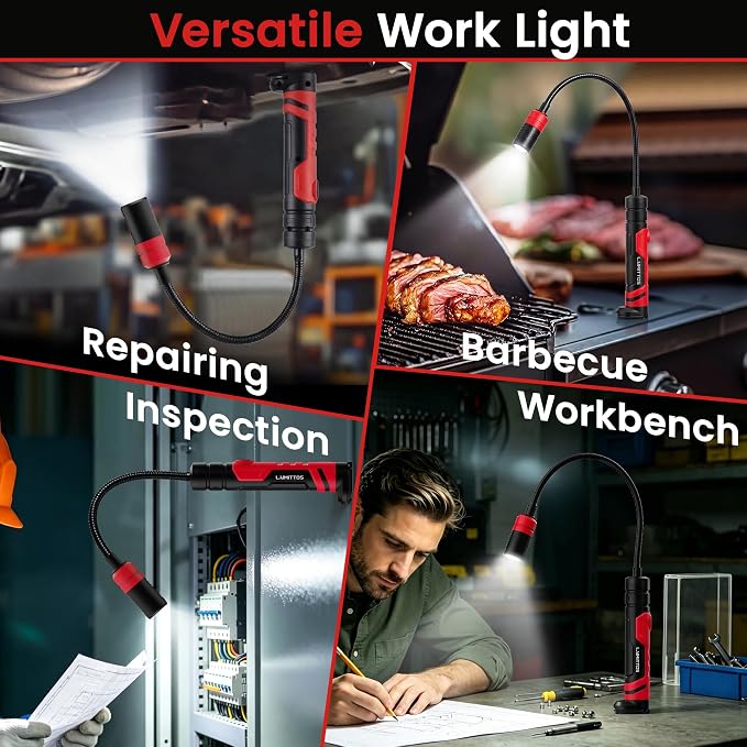 Magnetic Flashlight with Flexible Gooseneck, Rechargeable Work Light LED Flashlight and Magnetic Pickup Tool, Mechanic Light for Work Bench, Auto-Repairing, Inspection, Emergency (2 Pack)