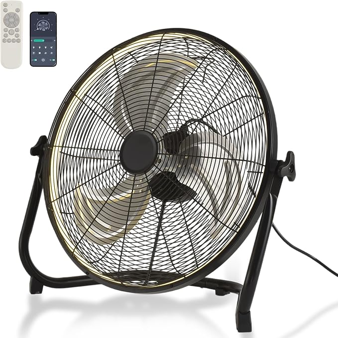 AHAWILL 20" High Velocity Metal Floor Fan with Light,6-Speed Plug-in Fan with Remote & APP,Industrial Fan with Rear Buttons,360° Tilt & 3CCT,Wall Mountable,Anti-Vibration for Garage,Warehouse,Shop,Gym