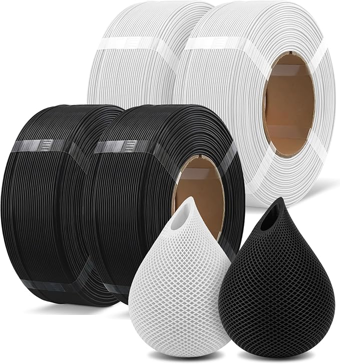 OVERTURE 4KG Bundle High Speed PLA Filament Refill 1.75mm 3D Printer Filament, 4 Pack 1kg (2.2lb) Refilament for Bambu Lab Reusable Spool, Fit Most FDM 3D Printers (Black*2+White*2)