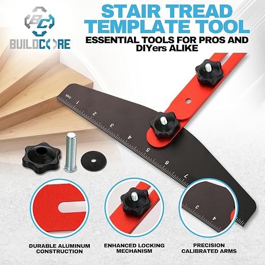 Professional Stair Tread Template Tool - Adjustable 8" to 46" Measuring Jig with Angle Markings, Aluminum Gauge for Accurate Installation, Flooring, Trim Molding & Home Improvement