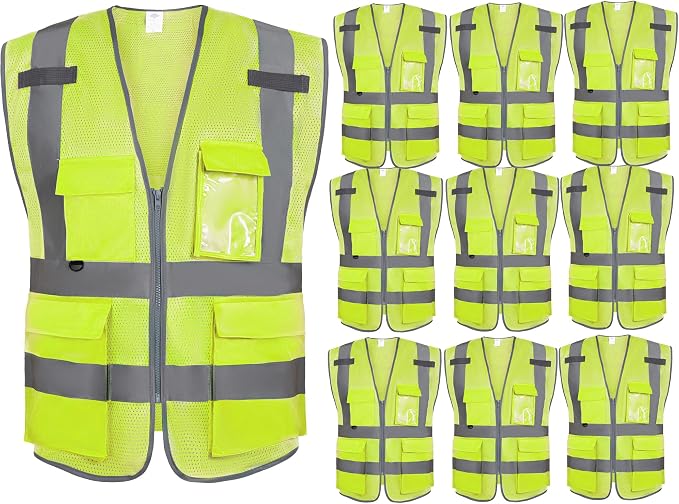 Dazonity High Visibility Mesh Safety Vest with Multi Pockets and Zipper, Fit for Men & Women, Work, Construction, Surveyor