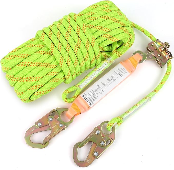 Rope Harness Safety Lanyard 50FT Fall Protection Vertical Roofing Rope | 50FT Anti-fall Safety Rope with Grab Snap Hooks, Shock Absorber, Heavy Duty Vertical Roofing Rope, Tree Climbing Line Kit