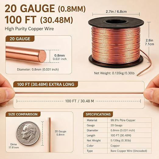 Therwen 100ft 20 Gauge Copper Wire for Gardening, Electroculture, Bonsai, Jewelry Making Beading DIY Craft Pure Bare Copper Wire Spool