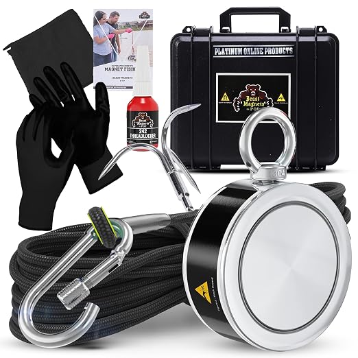 1000LB Complete Magnet Fishing Kit | Double Sided Fishing Magnet Kit with Case | Includes Strong Neodymium N52 Magnets, Durable 65ft Rope, Carabiner, Gloves, Grappling Hook & Carry Case