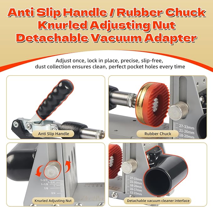 Pocket Hole Jig Kit with Vacuum Dust Collection, All-Metal Pocket Screw Jig with 3/8" Step Drill Bit, Depth Stop Collar, Adjustable Thickness for Woodworking Joinery, Cabinet Building