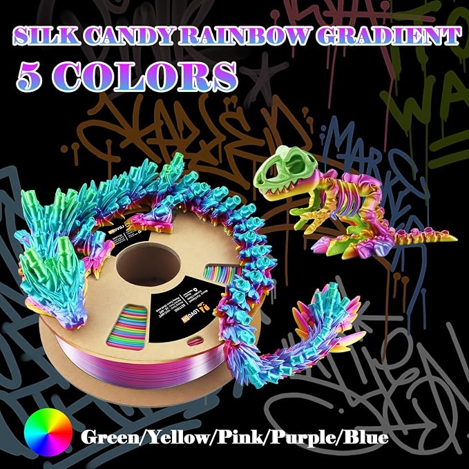 LOVOON Silk PLA 3D Printer Filament, Shiny Rainbow PLA Filament 1.75mm, Color Change by Length PLA 3D Printing Filament, Multicolor Shift Green-Blue-Purple-Pink-Yellow, 1kg (2.2lbs)/Spool
