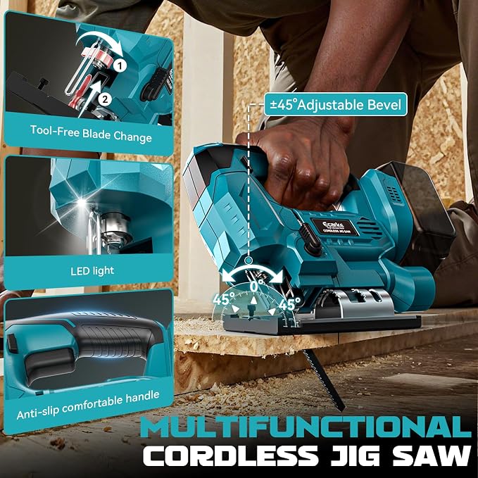 Ecarke Cordless Jig Saw Compatible With Makita 18V Battery, 4 Orbital Sets, 6 Variable Speeds Control, Dust-Blowing, ±45° Bevel Cuts, LED Light and 6PCS Blades For Straight Curve Cutting, Tool Only