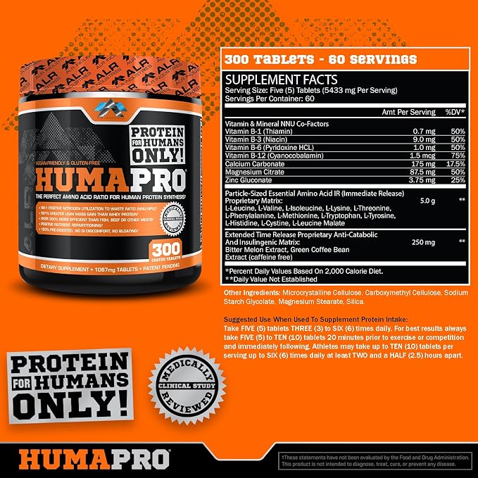 ALR Industries HumaPro Essential Amino Acid Formula | EAA Protein Supplement | Supports Muscle Recovery & Performance | Vegan, Gluten Free | | 300 Tablets / 60 Servings