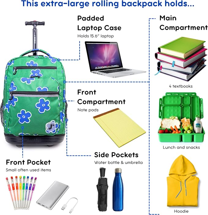 J World Sundance Laptop Rolling Backpack for Girls Boys. Roller Bookbag with Wheels, 20 Inch, Picnic