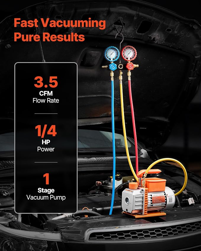 VEVOR AC Vacuum Pump and Gauge Set, 3.5 CFM 1/4 HP, Single Stage Rotary Vane HVAC Vacuum Pump, A/C Manifold Gauge Kit, for R134a R22 R410a R1234YF R32, with Carry Bag, for Auto HVAC Air Conditioning