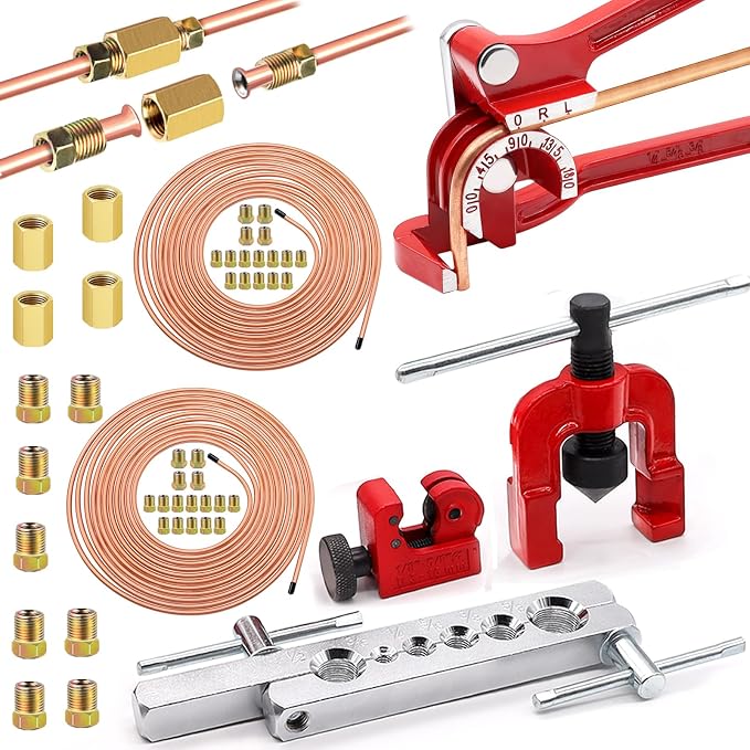 Tnisesm 3/16 Inch+1/4 Inch Brake Line Flaring Tools kit Include Copper-Plated Brake Lines with Upgrade 44Pcs Fitting Brake line Bender Single Flare Tool,Cutter 3/16Inch Brake line kit