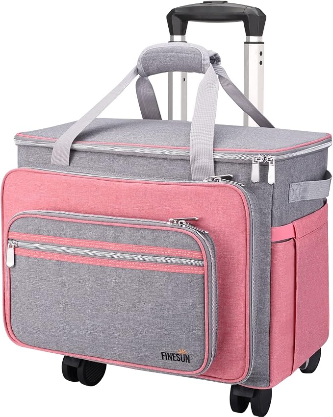FINESUN Sewing Machine Case with Wheels, Rolling Sewing Machine Bag, Universal Craft Storage Bag for Brother Singer Janome and Most Embroidery Machine Carrying Tote Bag Pink