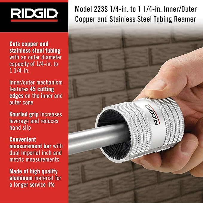 RIDGID 29983 Model 223S Inner/Outer Tubing and Pipe Reamer for 1/4" to 1-1/4" Stainless Steel and Copper Tubing, Pipe-and Tube Deburring Reamer with 45 Cutting Edges (Pack of 12)