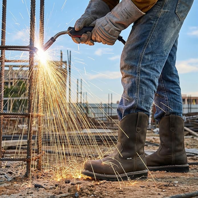 NINGO Soft/Steel Toe Work Boots for Men, Waterproof & Slip Resistant Wellington Leather Boots, Pull On Design, EH Protection with Goodyear Construction Shoes for Industrial, Farm & Welding