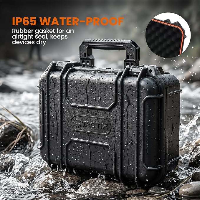 Tactix Hard Case L Waterproof Protective Camera Case IP65 Heavy-Duty with Custom Foam Insert, Fit Use of Drones, Camera, Equipments, Tools, 16.33" x12.79”x7.17” Black