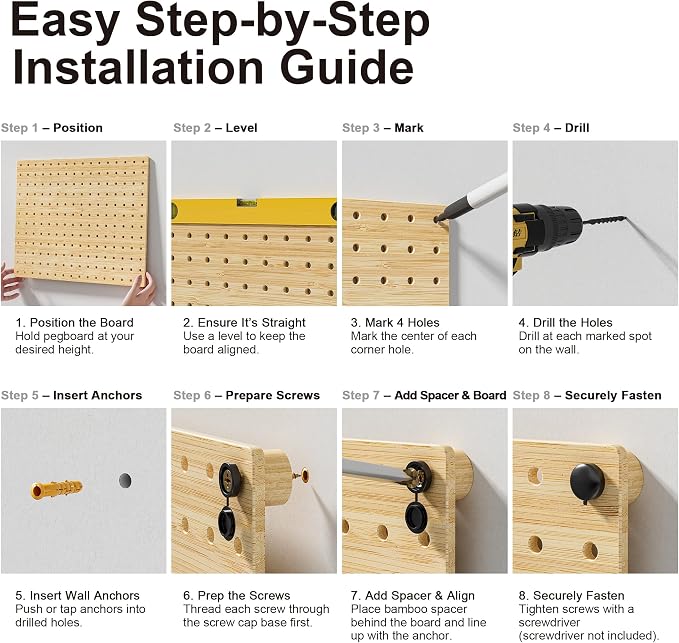 VOIMO Bamboo Peg Board, Eco-Friendly Pegboard Organizer Set with 35 Hooks – Wall Mounted Storage Rack for Kitchen, Tools, Crafts, Garage & Office – Pegboards System for Home Organization