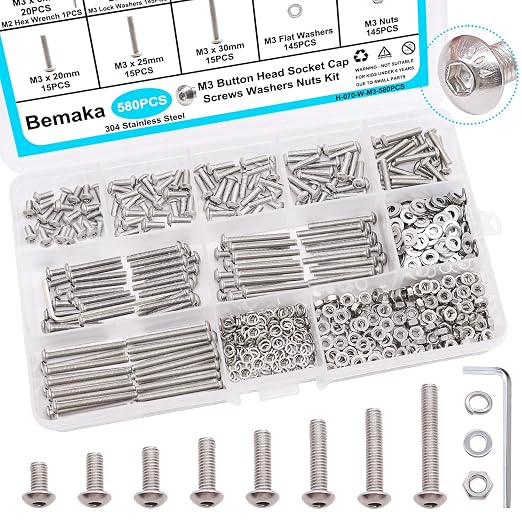 580PCS M3 Screw Kit, M3 x 6/8/10/12/16/20/25/30mm Button Head Socket Cap Screws Bolts Nuts Washers Assortment Kit, 304 Stainless Steel Machine Screws with Hex Wrench