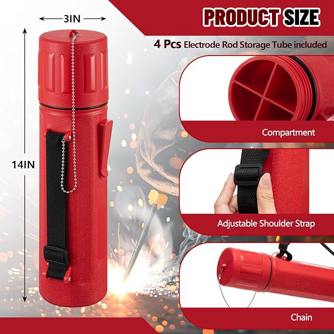Zonon 4 Pcs Welding Rod Storage Tube 3" x 14" Welding Rod Holder Electrode Storage Container Airproof Waterproof with Adjustable Shoulder Strap, Compartment and Cover for Canister (Red)