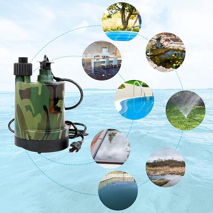 TIGEROAR 120V Submersible Pump 1/4 HP Water Transfer Pump 1800 GPH Utility Sump Pump with 10 ft. Cord and Hose Adapter for Transferring Water