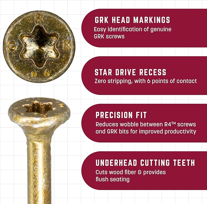 GRK Fasteners R4™ #10 x 3-1/8 Inch, Multi-Purpose Framing Screws, 350 PCS, Rust Resistant Climatek™ Coating, Outdoor Fencing and Deck Screws, Fast Bite Tip, Star Drive Recess, T-25 Bit Included, Gold