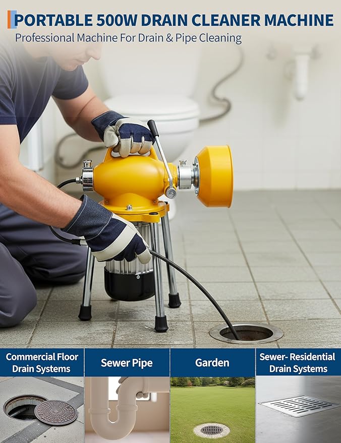 GarveeTech Electric Drain Cleaner Machine, Auto-Feed Sewer Snake with 66Ft x 5/8" & 16Ft x 3/8" Steel Cables & 6 Cutters, 500w 400 RPM Portable Pipe Cleaner for 1.6-4 Inch Pipes