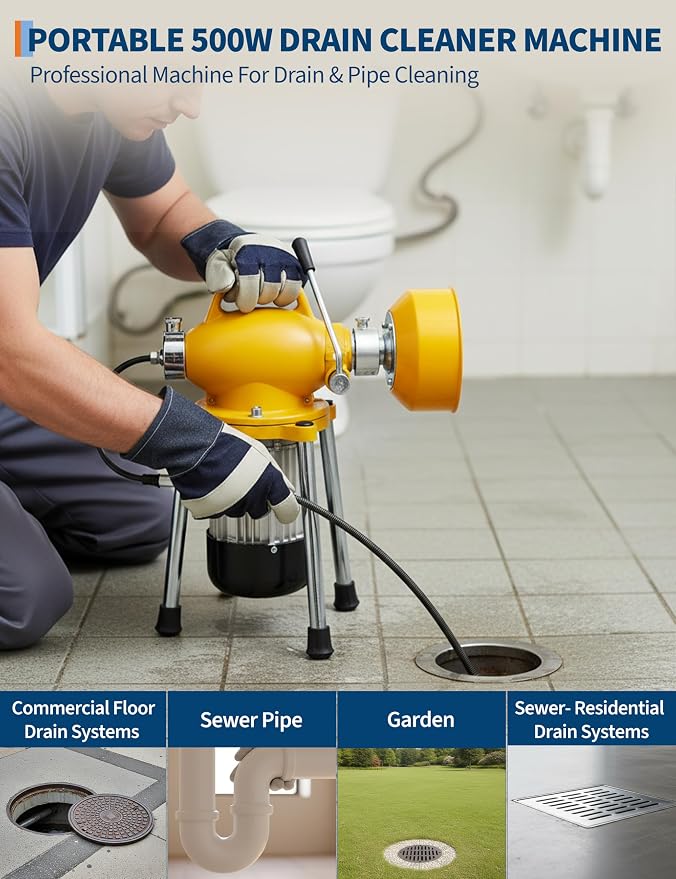 Electric Drain Cleaner Machine, Portable Auto-Feed Sewer Snake Auger with 66Ft 5/8" & 16Ft 3/5" Cables, 6 Blades for 1.6 to 4 Inch Clogged Pipes, 500w 400RPM Motor