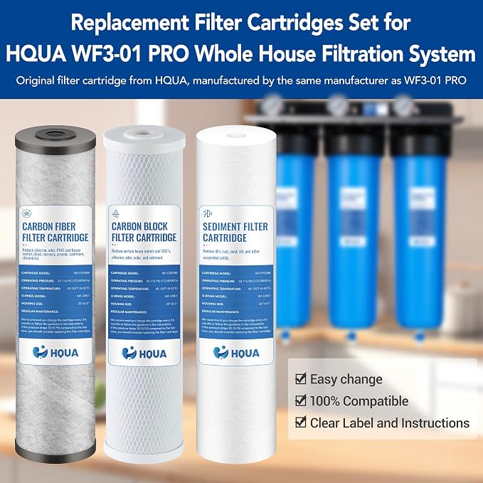 3-stage Replacement Filter Cartridges Set, PP, Carbon Block, Activated Carbon Fiber (ACF), Fit for WF3-01 Pro Whole House Water Filter (PP,CARBON BLOCK,ACF)