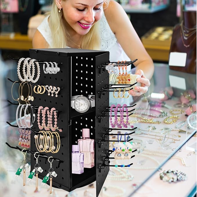 360° Rotating Pegboard Display Stand with 60 Hooks & Inner Storage Compartments - Metal Peg Board Keychain Jewelry Display Stand for Vendors, Retail, Craft Shows (Black)