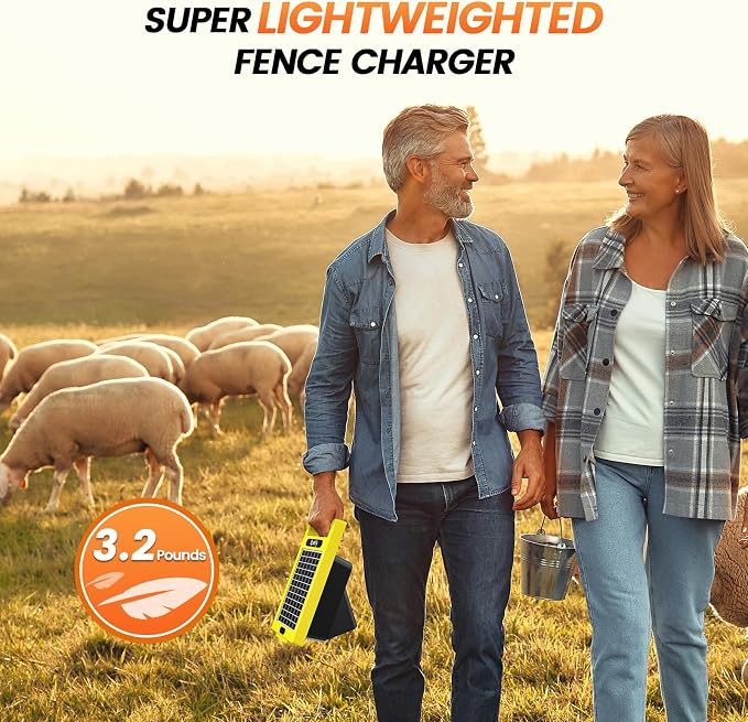 24 Hour Solar Electric Fence Charger, 20 Miles, Up to 10200v Output Range Electric Fence Charger, 0.32J Portable Energizer with Solar Panel for Livestock & Predator Protection