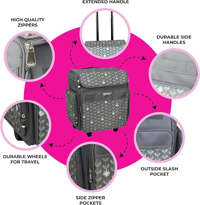 Everything Mary Rolling Scrapbook Tote – Grey Dots Foldable Craft Organizer Tote for Scrapbooking Supplies, Art Tools, Paper & Accessories – Portable Storage Bag