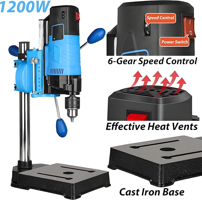 Mini Drill Press, 6 Speed 1200W Electric Benchtop Drill Press Machine, 90° Rotating, Vise, 1.5-13mm Chuck for Workshop Craftsman Drilling Grinding Polishing Wood Plastic Metal