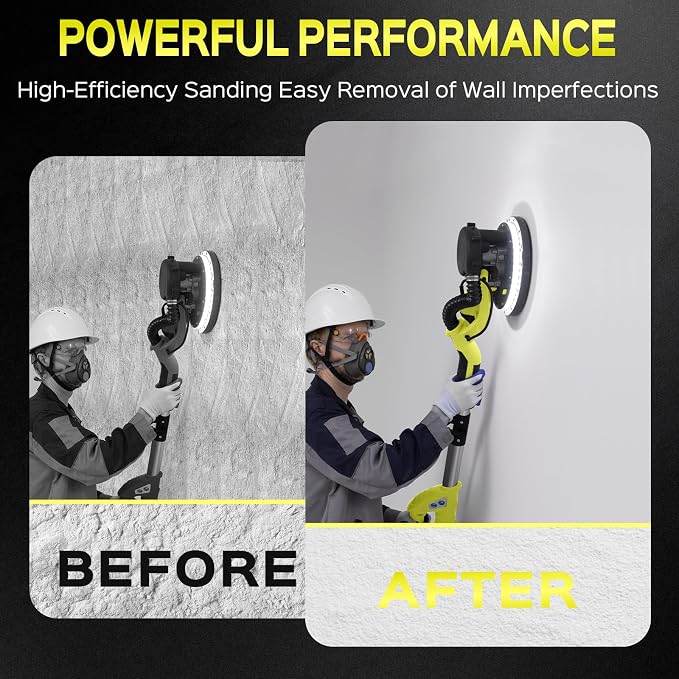Drywall Sander, Popcorn Ceiling Removal Tool with 7 Variable Speed 800-1800RPM, 2026 Upgraded 8-Amp Drywall Sander with Vacuum Dust Collector with 12pcs Sanding Discs, Extendable Handle, LED Light