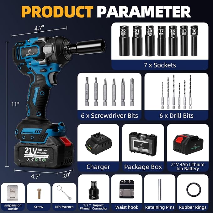 500N.m Brushless Cordless 1/2" Impact Wrench 3500RPM 21V Tool | 21V battery, 4000mAh battery, fast charger, LED work light, 7 sockets, 6 drill bits, 6 screwdrivers, waist hook, storage case