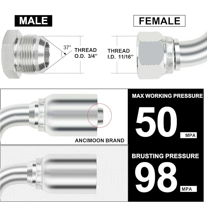 1/2'' Hydraulic Fittings 90 Degree, 1/2'' JIC × 1/2'' Hose, Size #08 Single Wire Hydraulic Hose Repair Kit, 10PCS
